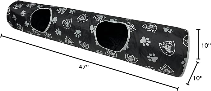 NFL Las Vegas Raiders Cat Tunnel Tube Toy with Plush Football Catnip and Feathers Collapsible Tunnel for Cats to Play, Peek and Hide, Sporty & Fun Cat Tunnel Toy with Team Logo All-Over Design!