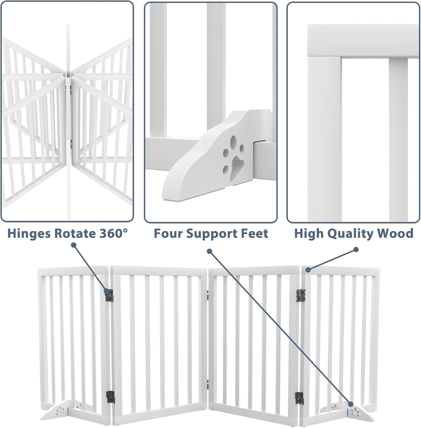 Wooden Dog Gate Freestanding Foldable Pet Gate 4 Panel Fully Assembled Dog Gates for Doorways House Stairs