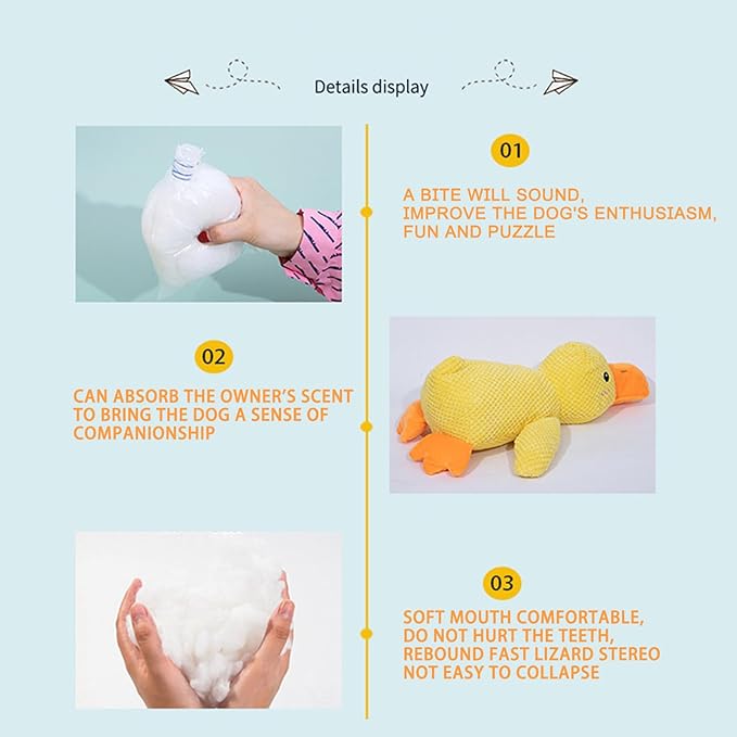 Squeaky Duck Dog Toys Pet Comfort Toy with Quack-Quack Accompany to Sleep Stuffed Toy for Small Dogs and Cats (Yellow, Large Size)