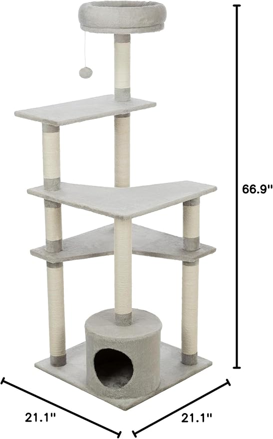 TRIXIE Seli Cat Tree – Cat Tower with Sisal Posts, Condo, Padded Platforms & Hanging Toy – Cat Furniture for Indoor Cats – Gray, 21.1" x 21.1" x 59.1"