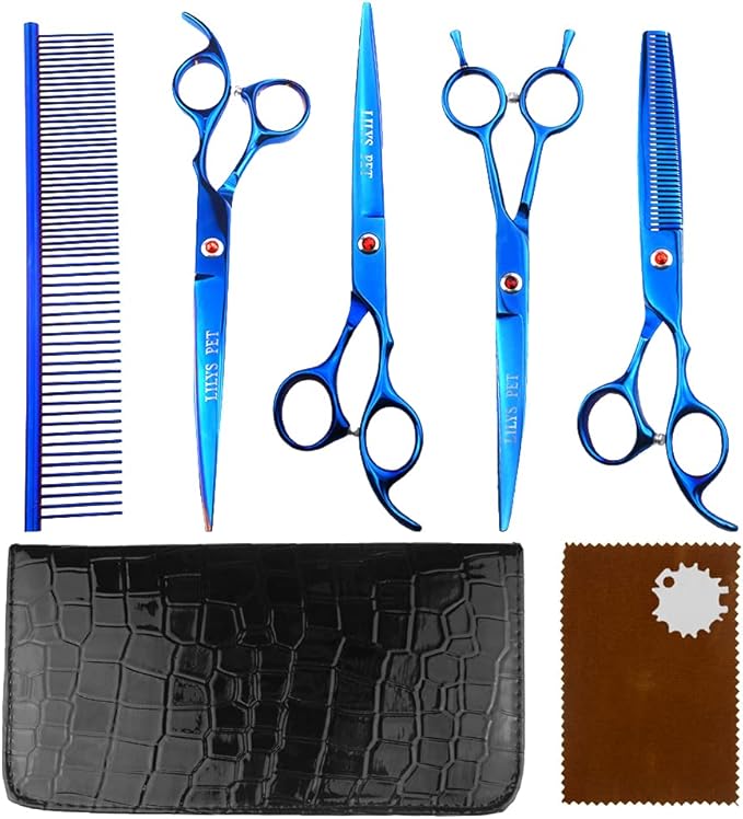 Professional PET DOG Grooming Coated Titanium scissors suit Cutting&Curved&Thinning shears (7.0 inches, Blue)…