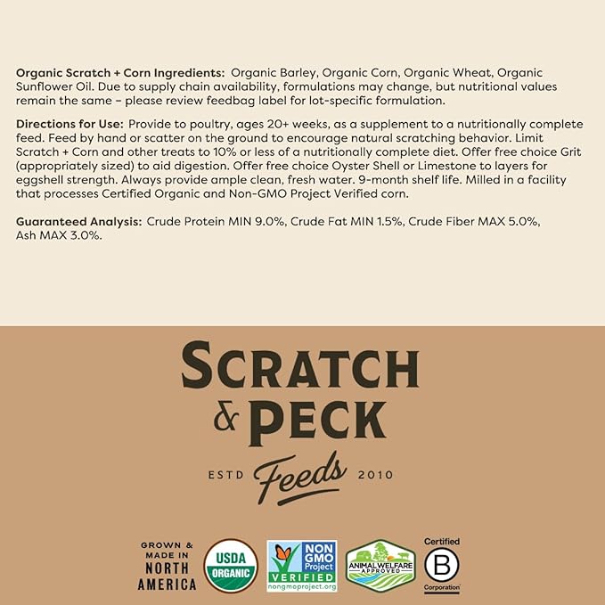 Scratch and Peck Feeds Whole Grain Scratch + Corn Chicken and Duck Supplemental Grain - 40 lbs Bag - Soy-Free - 9% Protein, Certified Organic and Non-GMO Project Verified Chicken Food