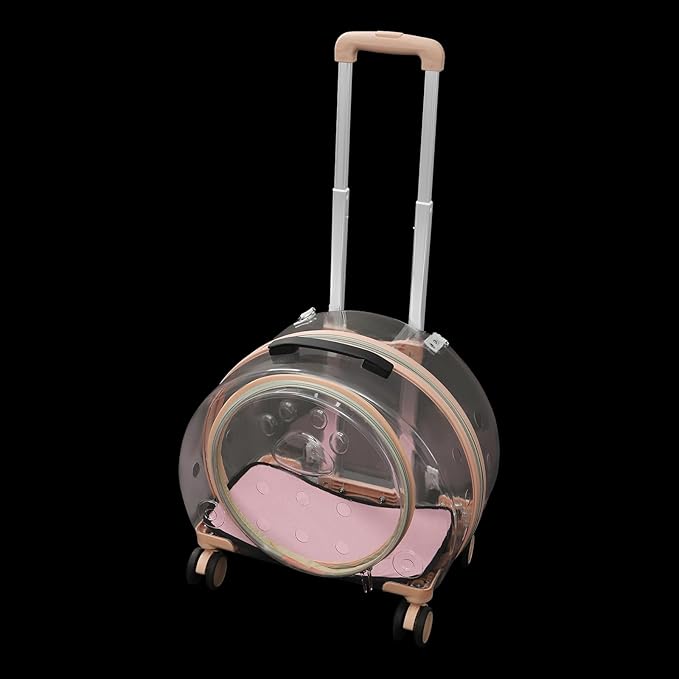 Cat Carrier with Wheels Transparent Hard Cat Carrier with Soft Mat Pet Trolley Case Pet Backpack for Cats Small Dog, 15.7" X 10.6" X 17.7" (Pink)