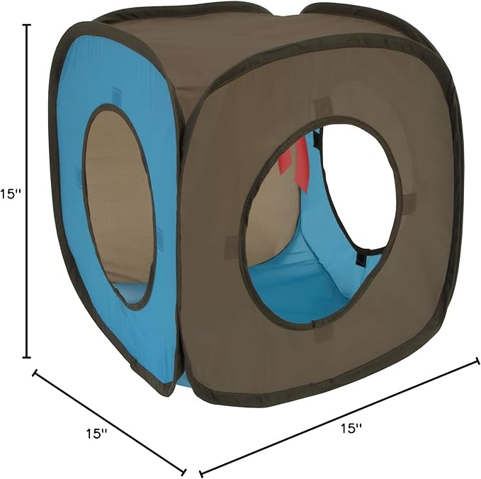 Kitty City Pop-Up Rolling Cat Cube & Tunnel Toy, Collapsible Indoor Cat Play Cube with Peekaboo Openings & Hanging Tassel, Lightweight Foldable Cat Furniture - Blue/Brown