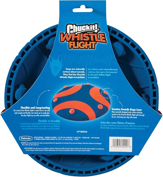 Chuckit! Whistle Flight Outdoor Dog Fetch Toy, Orange/Blue, 10.6" x 1.2" x 11.1", For Medium to Large Dogs