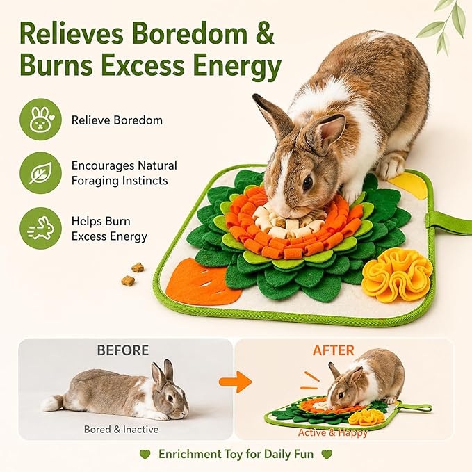 Rabbit Foraging Mat Snuffle Mat for Small Animals Rabbit Toy 11.8"x11.8" Rabbits Snuffle Mat Pets Interactive Feeding Matt Treat Dispenser for Bunny Guinea Pigs Ferrets Chinchillas (Green and Orange)