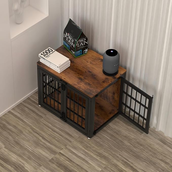 33" Heavy Duty Dog Crate Furniture, Wooden Dog Cage Kennel for Small and Medium Dogs, Dog Kennel Indoor with Side Door, Decorative Pet House End Table, Brown