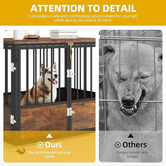 DWVO Dog Crate Furniture with Wheels, 38 Inch Dog Kennel Indoor Furniture End Table Dog Crate for Dogs, Farmhouse Decorative Wooden Dog Cage Table with Double-Doors, Chew-Resistant, Rustic Brown
