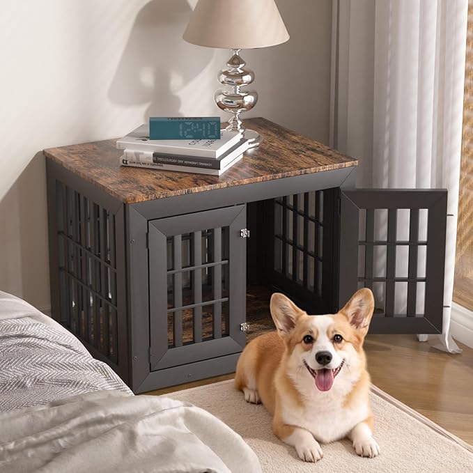 Snuowu 32" Heavy-Duty Dog Crate Furniture for Small/Medium Dogs, Rustic Wooden Dog Cage Kennel Indoor Furniture, Decorative Pet House End Table, Black & Wood