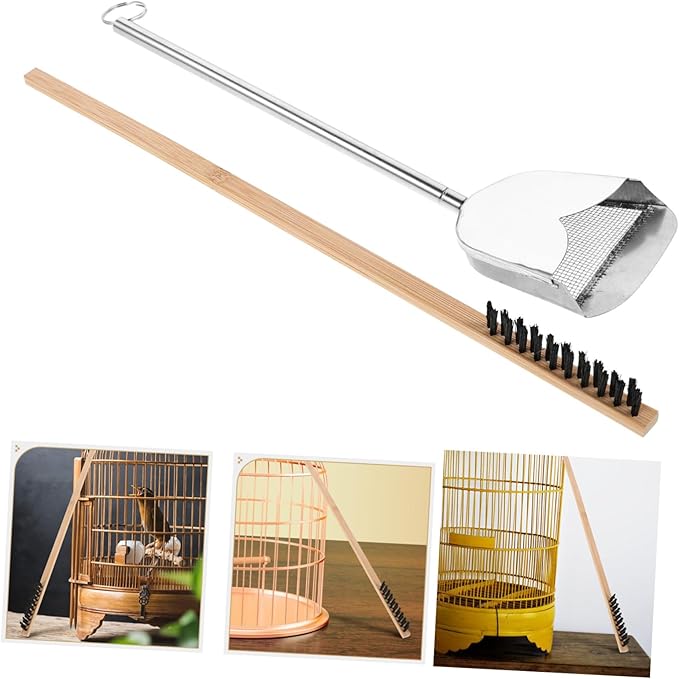 Mipcase 2pcs Bird Cage Cleaning Brush Set Stainless Steel Droppings Shovel Effective Cleaner Tools for Parrots Small Animals and Reptiles