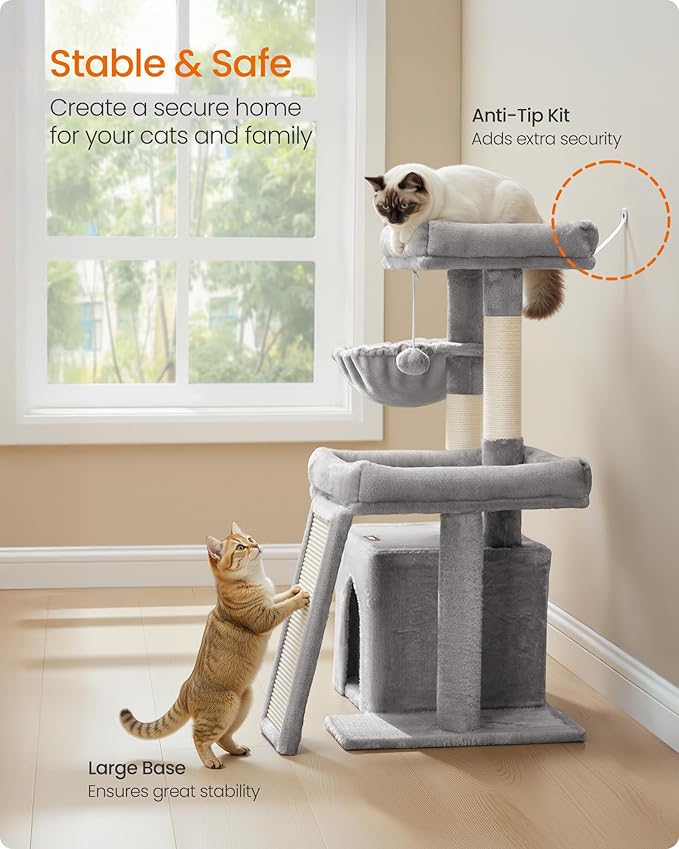 Feandrea Cat Tree, Cat Tower Condo with Scratching Posts and Ramp, 2 Large Perches, Cave, Basket, 33.8 Inches Tall, Dove Gray UPCT013GD02S