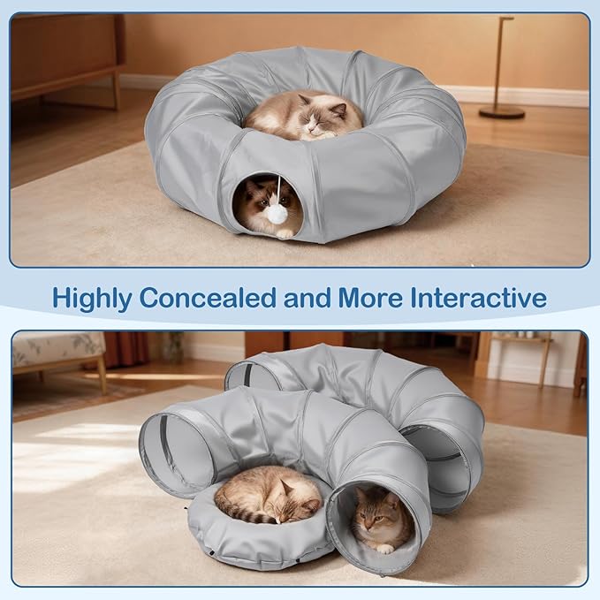 Cat Tunnel Bed with 20 Pcs Interactive Toys, 3-in-1 DIY Collapsible Plush Cat Tube with Washable Mat, Large Indoor Play Tunnel Cave for Kittens and Small Animals