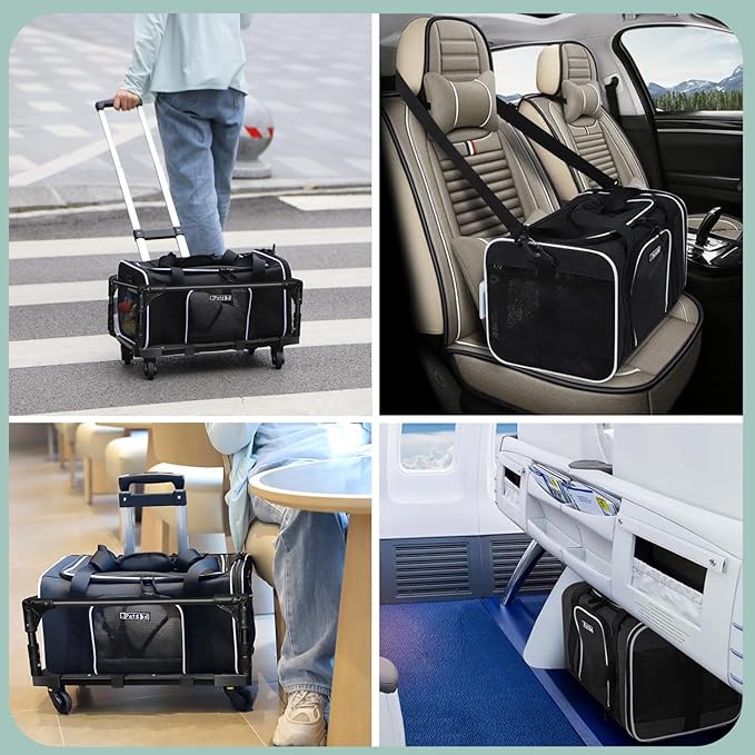 Petskd Small Pet Carrier with Wheels(18" L x 13" W x 9.5" H), Southwest Airlines Approved, Rolling Pet Carrier for Small Dogs & Cats (Black)