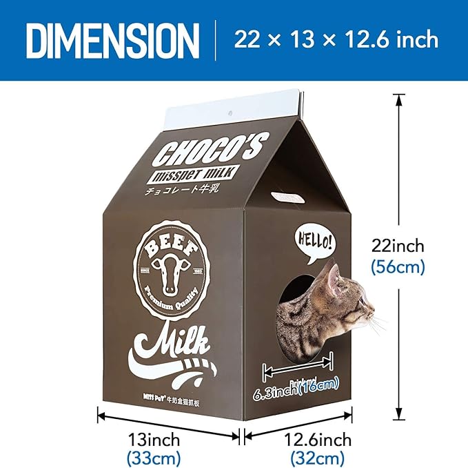 Simple Delxue Cardboard Cat House with Scratch Pad, Corrugated Kitten Hideaway Cave, Cute Cats Condos Box, Milk Box Shape Cat Scratching House Bed, Black