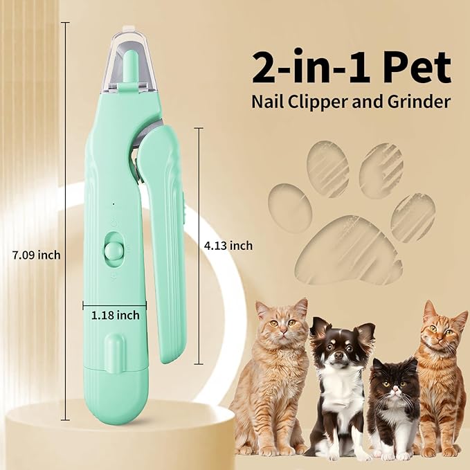 2-in-1 Dog & Cat Nail Clippers and Grinder with Light, Safety Guard, Painless Quiet Pet Nail Claw Trimmers, USB Rechargeable Pet Nail Trimmer, for Large Medium Small Dogs Cats Claw Trimmer, Green