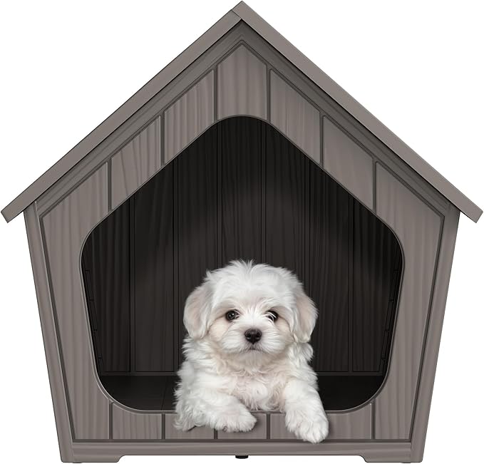 Bifanuo Dog House Outdoor Indoor for Small Dogs - Plastic Pet Shelter, Easy-Assemble & Weather-Resistant for Living Room, Balcony (Grey, 18" L x 22.4" W x 22.2" H)