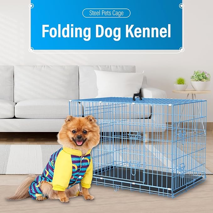 Dog Crate Dog Cage Dog Kennel Outdoor Metal Wire Double-Door Folding Pet Animal Pet Cage for Small Dog 24 inches with Plastic Tray and Handle,Blue