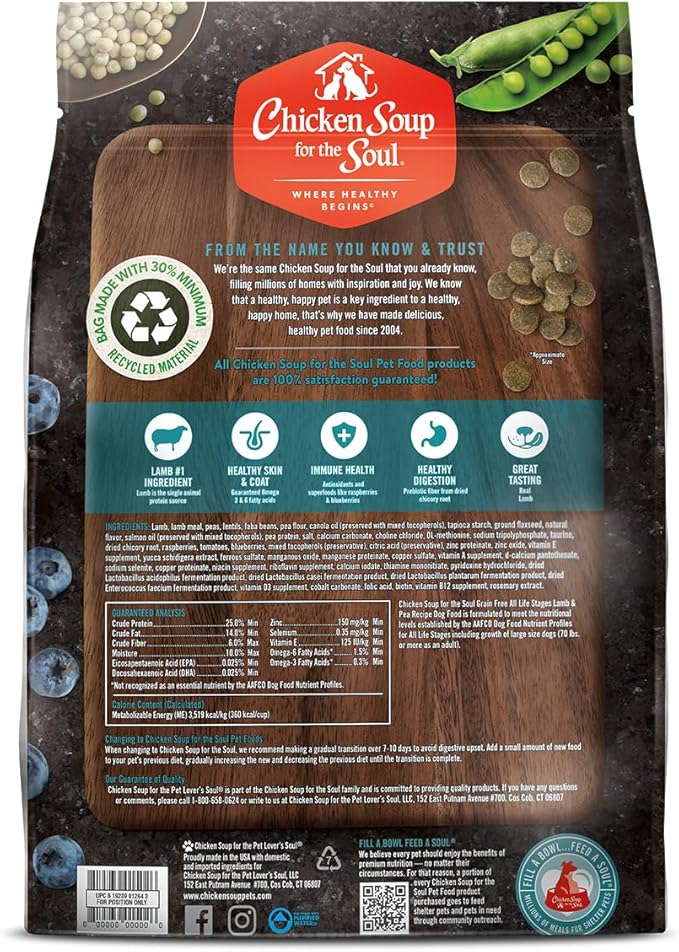 Chicken Soup for the Soul All Natural Premium Grain-Free All Life Stage Dry Dog Food, Real Meat First Ingredient, No By-Products, Added Taurine Supports Heart Health, Lamb & Pea, 25lb