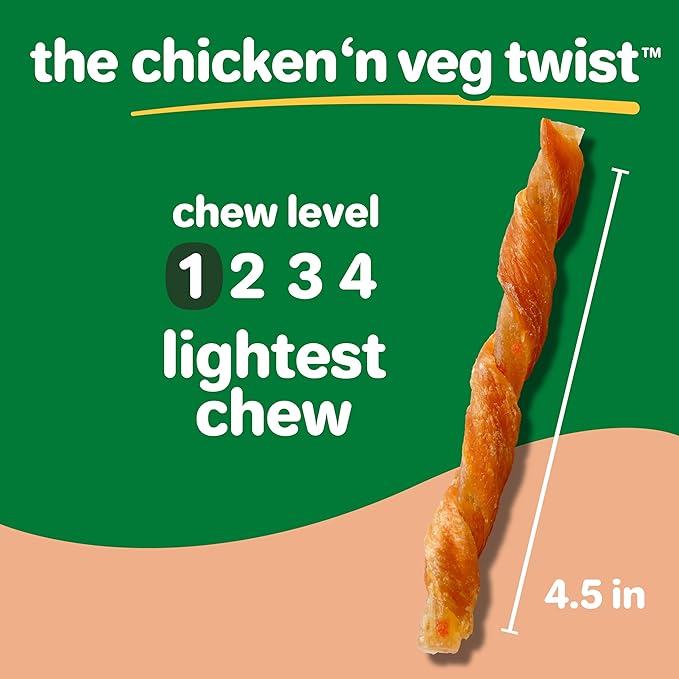 Hartz Oinkies Chicken ‘n Veg Twists with 100% Real Chicken Breast, Peas & Carrot Flavorful Beefhide-Free Natural Dog Treats, 20 Count