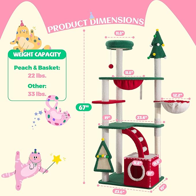 SHA CERLIN 67in Tall Cat Tree/Climbing Tower with Top Perch, Hammock, Sisal Scratching Posts/Cute Condo for Indoor Kitties/Pet Feline House/Activity Center/Christmas Decor/Green & Red