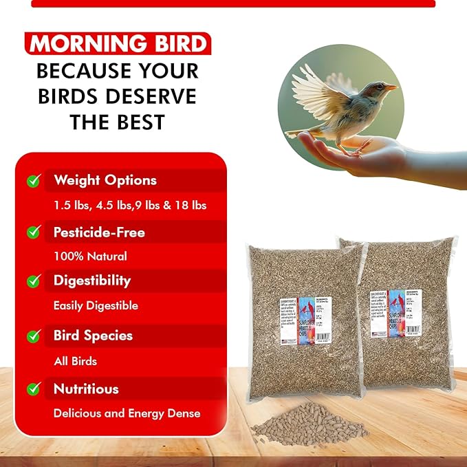Morning Bird Sunflower Hearts & Chips 18 lbs (2-Pack, 9 lbs Each) – Premium Bird Seed with High Protein & Healthy Fat - Shelled Sunflower Hearts for Birds - Mess Free, Easy to Feed, Delicious Snack