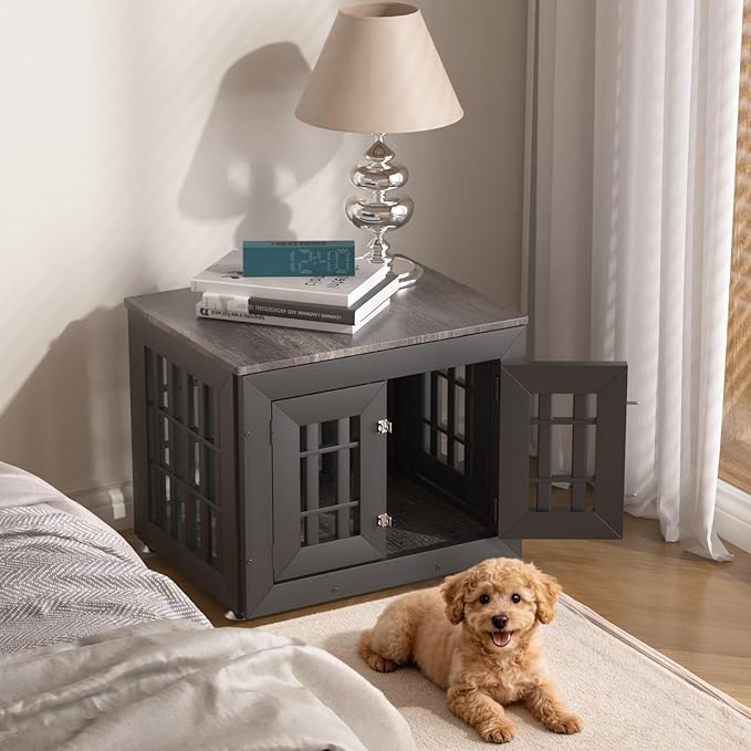Snuowu 26" Heavy-Duty Dog Crate Furniture for Small/Medium Dogs, Rustic Wooden Dog Cage Kennel Indoor Furniture, Decorative Pet House End Table, Black & Grey