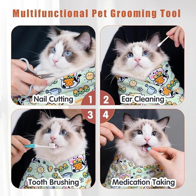 Cat Wrap for Cutting Nails, Self-Adhesive Cat Grooming Wrap Anti-Escape Anti-Scratch Calming Cat Swaddle Wrap for Nail Clipping, Medicine, Ear Cleaning, Multifuctional Pet Tool for Cat-Owner, Vet