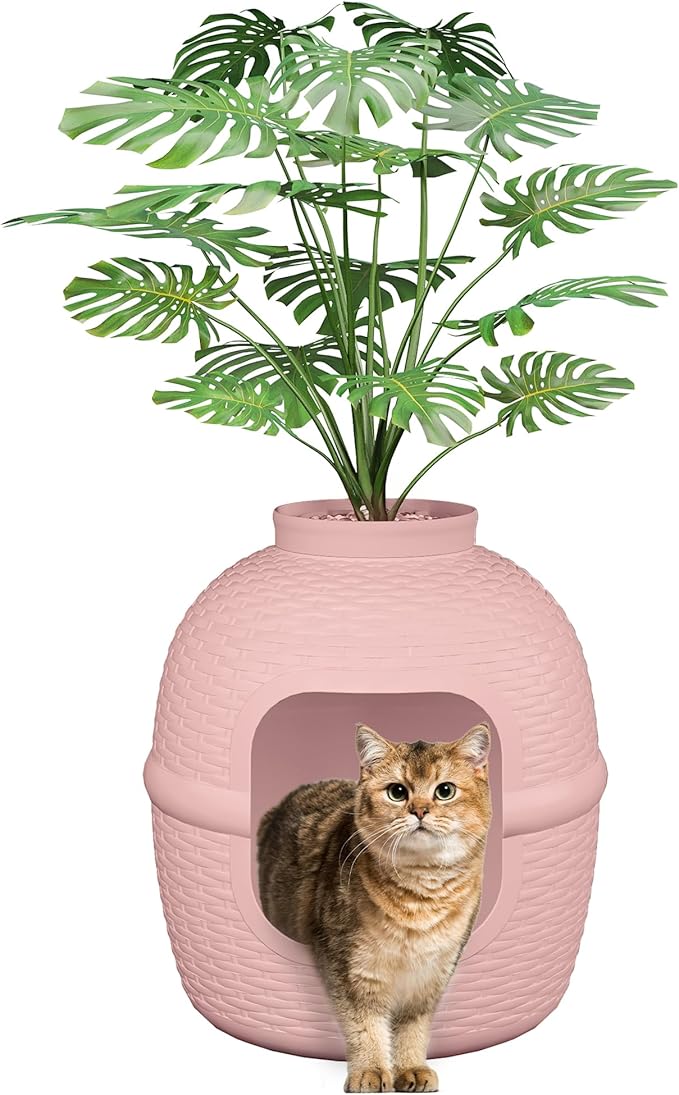 FansaFurn Large Cat Litter Box, Hidden Litter Box with Faux Plant, Heavy Duty Litterbox Enclosure Furniture with Rattan Pattern, PP Cat Box Enclosure Furniture for Living Room, Bedroom, Pink