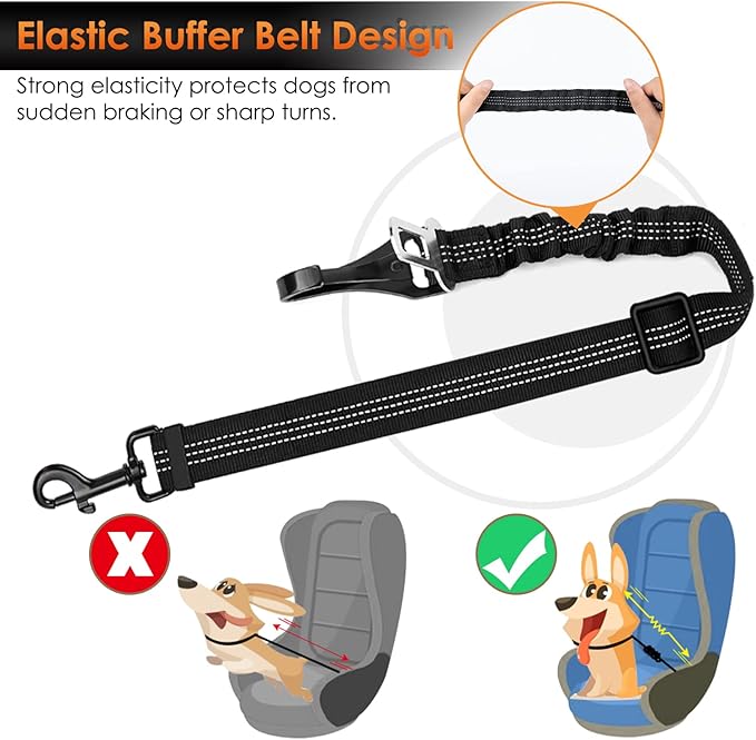 SlowTon Dog Seat Belt for Car, Adjustable 3 in 1 Dog Seatbelt with Elastic Bungee Buffer, Nylon Heavy Duty Dog Car Harness Reflective Safety Tether Leash with Latch Hook Clip Black 35.5"