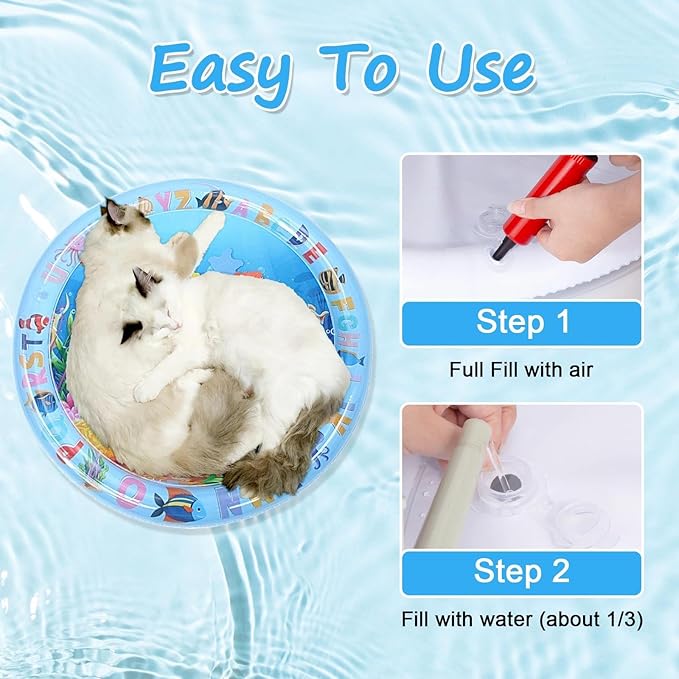 Cat Water Mat, Pet Water Bed with Fish, Thickened Sensory Play Mat for Cats, Leak-Proof Inflatable Cooling Playmat, Washable Pool Toy for Indoor Outdoor Exercise(Dolphin)