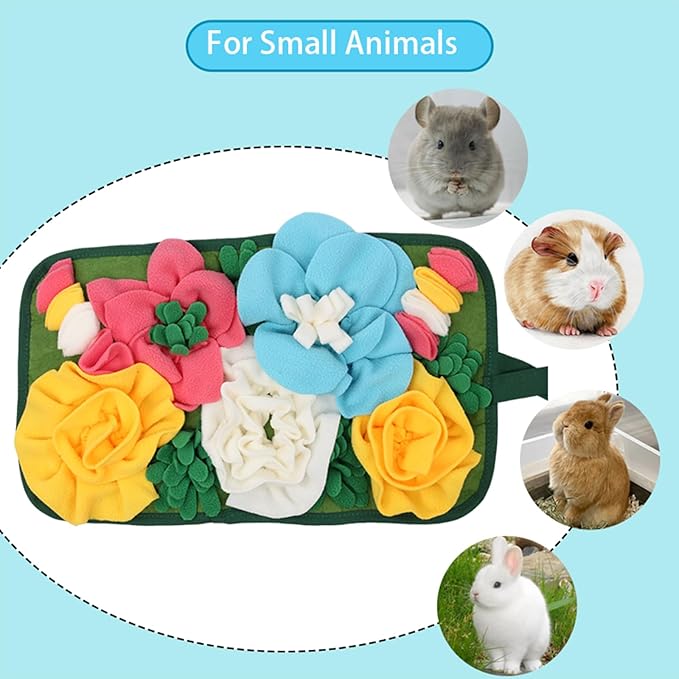 Rabbit Foraging Mat, Rabbit Toy 11.8"x11.8" Rabbits Snuffle Mat Machine Washable Polar Fleece Funny Interactive Nosework Feeding Mat Treat Dispenser for Bunny Guinea Pigs Ferrets Chinchillas (Blue)