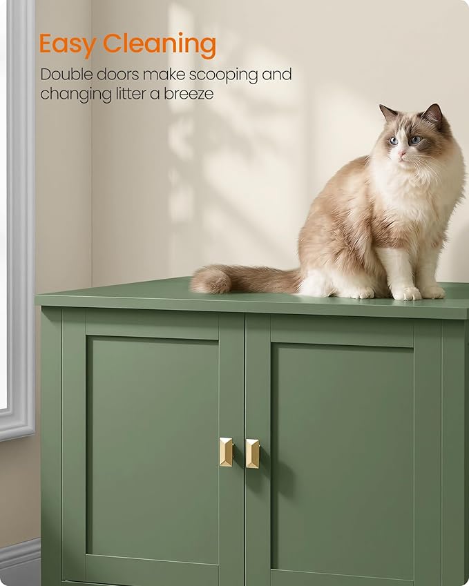 Feandrea Cat Litter Box Enclosure, Modern Hidden Cat Litter Box Furniture, Double Doors, Handles, Indoor Pet House Washroom, Living Room Side End Table, Forest Green UPCL015CH01