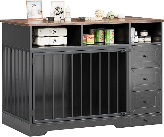 GarveeLife 48'' Dog Crate Furniture, Farmhouse Heavy Duty Dog Kennel with Bowl & Storage Drawers, Medium Dog Cage End Table for Small Medium Dogs, Black