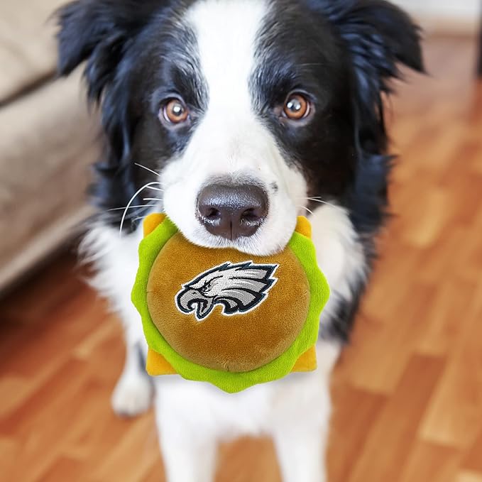 NFL Philadelphia Eagles Cheese Burger Plush Dog & CAT Squeak Toy - Cutest Stadium HAMBERGER Snack Plush Toy for Dogs & Cats with Inner Squeaker & Beautiful Football Team Name/Logo