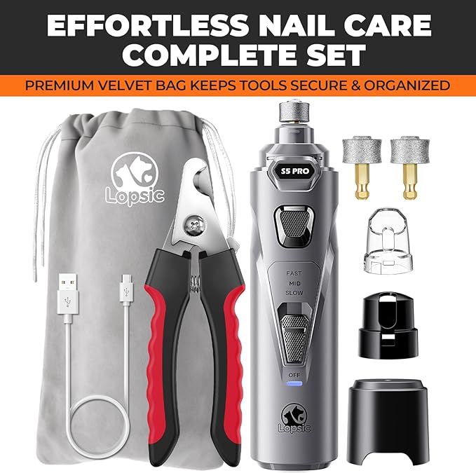 Whisper Quiet Dog Nail Grinder with 4 LED Lights, Safe & Stress-Free for Sensitive Dogs Cats of All Breeds & Sizes, 3 Grinding Bits, 3-Speed, Pet Nail Trimmers, Rechargeable Painless Grooming Kit Grey
