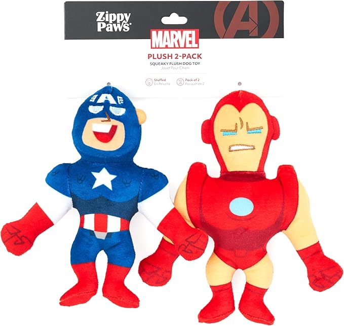 ZippyPaws Marvel Plush Toy for Dogs, Round Squeaker and Crinkle Material, 2 Pack, Captain America and Iron Man