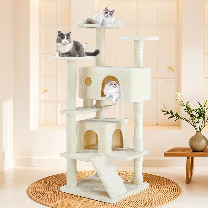 Hexago 54 Inch Cat Tree Tower for Indoor Cats, Multi-Level Cat Condo with Scratching Posts, Climbing Ladder, Plush Hammock, and Toy Ball, Stable Cat Play House Furniture, Beige