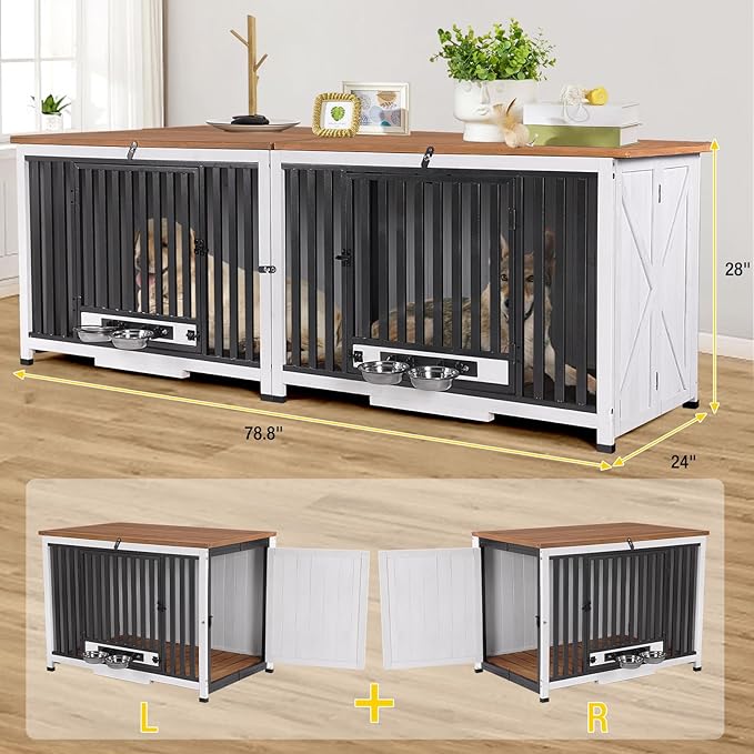 Aivituvin Dog Crate Furniture for 2 Small Medium Dogs XL Dog Kennel Indoor End Table Wooden Foldable Dog Cage 39.4" Dog House with Adjustable Bowls,Door
