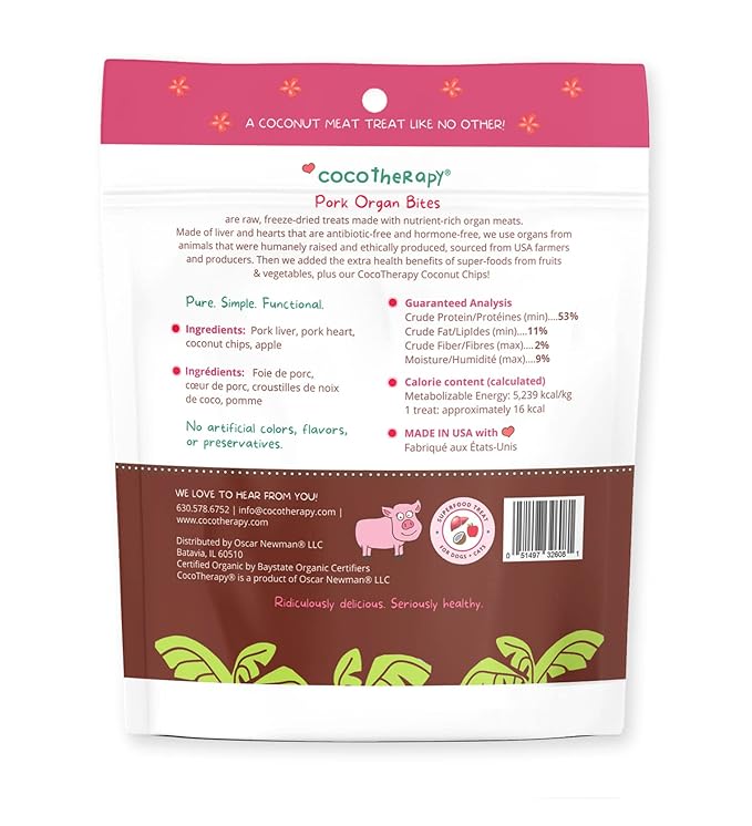 CocoTherapy Organ Bites! Dog and Cat Treat (Pork + Apple), 3 Oz.