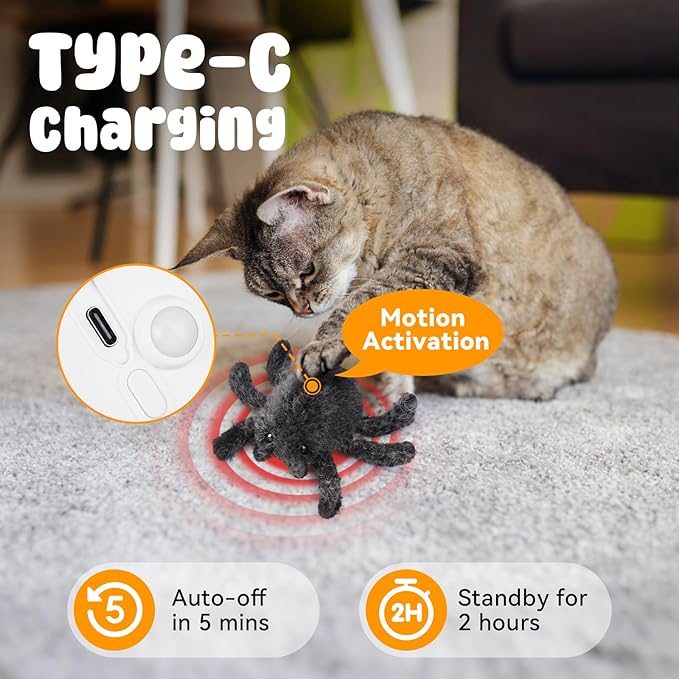 Pawingcat Cat Toys Interactive Remote Control Cat Toy Horror Spider Moving Cat Toy 2 Modes Interactive Cat Toys for Indoor Cats with 3 Speeds