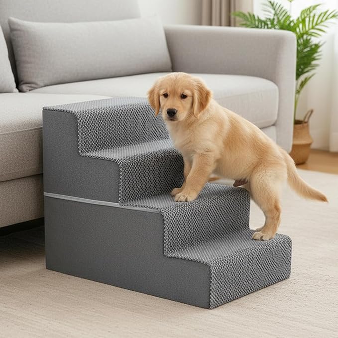 NEWBULIG 4-Step Dog Stairs, 18" H Dog Steps for Sofa and Chair, Non-Slip Sturdy Pet Steps for Small Dogs and Cats, Pet Ramp for High Bed Indoor, Gray