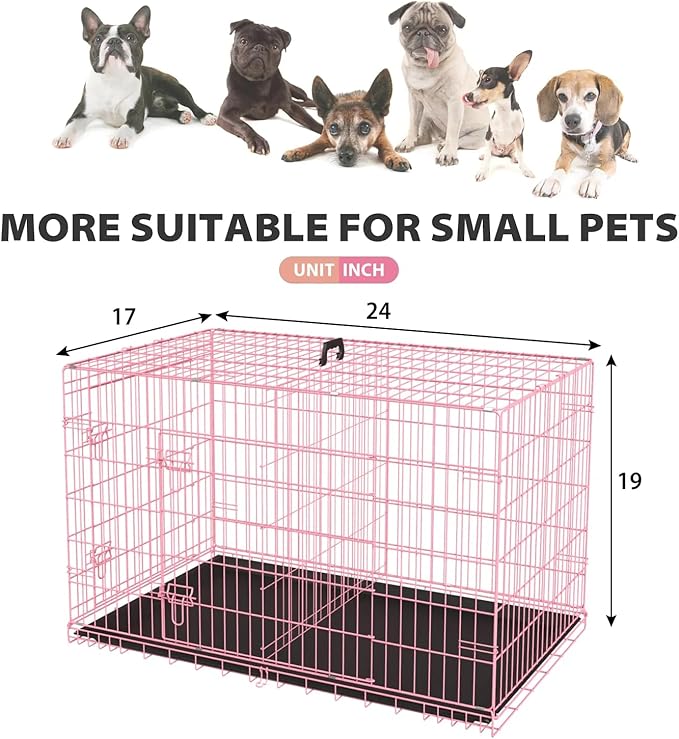 Extra Large Dog Crate - Portable Dog Cage for Small Dogs - Travel Dog Crate with Double-Door, Metal Wire Kennel & Plastic Tray (Pink, 24")