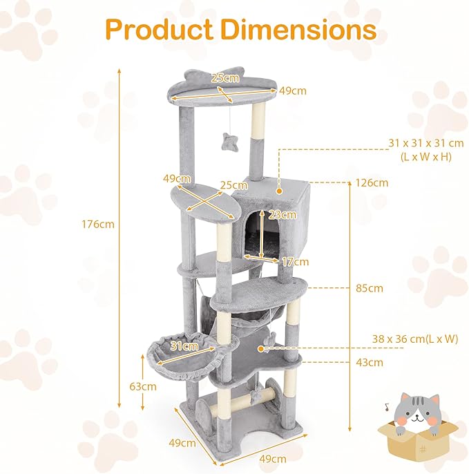 PETSITE 69 Inch Tall Cat Tree, Multi-Level Grey Cat Tower with Sisal Scratching Posts, Cat Condo, Basket Bed, Hammock, Basket Bed, and Hanging Toys, Modern Cat Tree Tower for Indoor Cats
