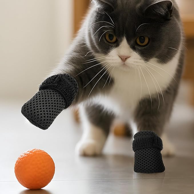 8 Pcs Cat Claw Covers, Shoes Booties For Cats Mittens To Prevent Scratching Socks Adjustable Breathable Mesh Puppy Indoor Gloves Paw Kitten Boots Suitable For Bathing And Nail Trimming (Grey + Black)
