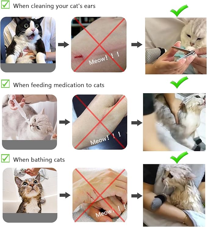 4pc Cat Scratch Cover for Nursing & Rehabilitation - Adjustable Cat Bath Gloves, Anti-Scratch Pet Grooming Booties for Bathing (Black)