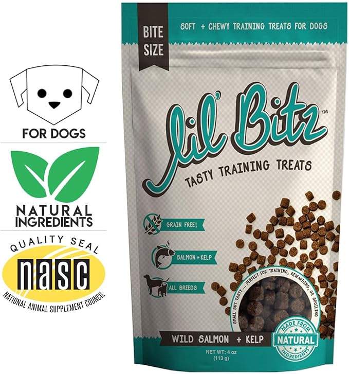 Lil' Bitz Soft & Chewy Dog Training Treats, Wild Salmon + Kelp Flavor, Grain Free Bite Size Reward Treats for All Breeds, Made with Natural Ingredients (4 oz Bags, Pack of 3)