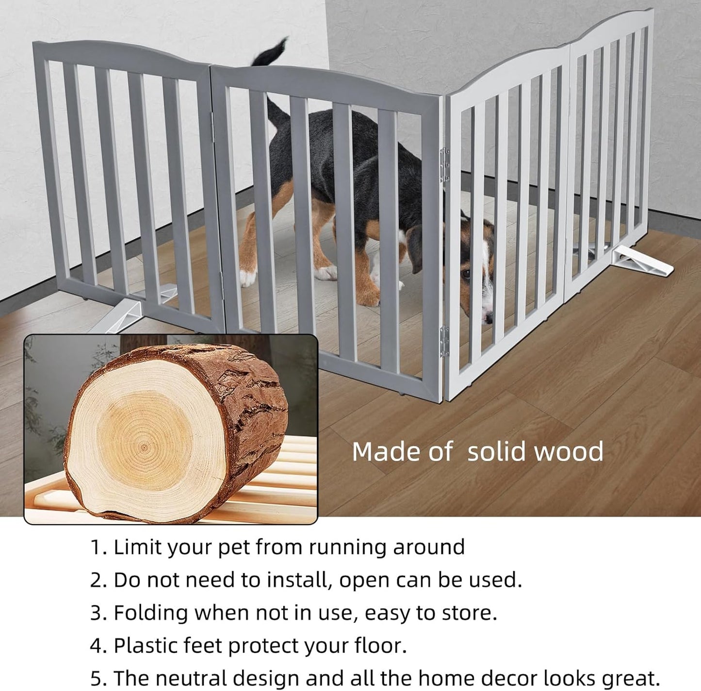 ZJSF Foldable Freestanding Indoor Dog Gate for House Wood Long Pet Gates Dog Fence for Stairs Puppy Gates for Hallways, Puppy Gate,Support Feet Included, Grey, 24 "Height-4 Panels