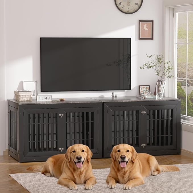Snuowu 48" Heavy-Duty Dog Crate Furniture for Large Dogs, XXL Wooden Dog Cage Kennel Indoor Furniture, Decorative Pet House End Table, Black & Grey