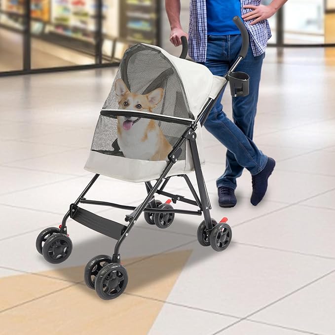 4-Wheel Pet Travel Stroller, Foldable & Lightweight Dog Cat Cage Jogger Stroller, Breathable and Visible Mesh for Small & Medium Dogs & Cats (Up to 22lbs) (White)