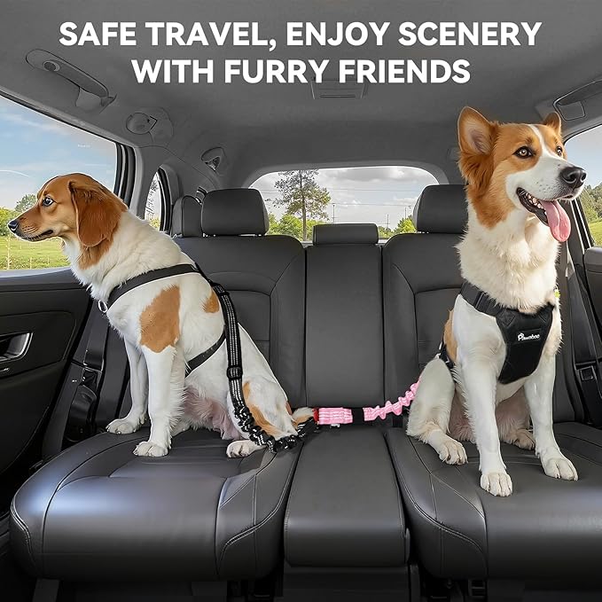 Pawaboo 2Pack Dog Seatbelt for Car, 3-in-1 Dog Car Seat Belt, Shockproof Dogs Tether with Buckle & Hook Latch, Adjustable Reflective Dogs Cars Leash with 360° Lockable Buckle, Light Pink + Black